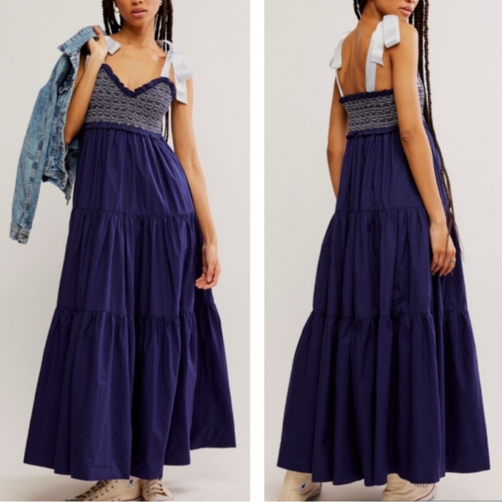 NWT Free People Bluebell Smocked Bodice Maxi Dress in Eclipse
